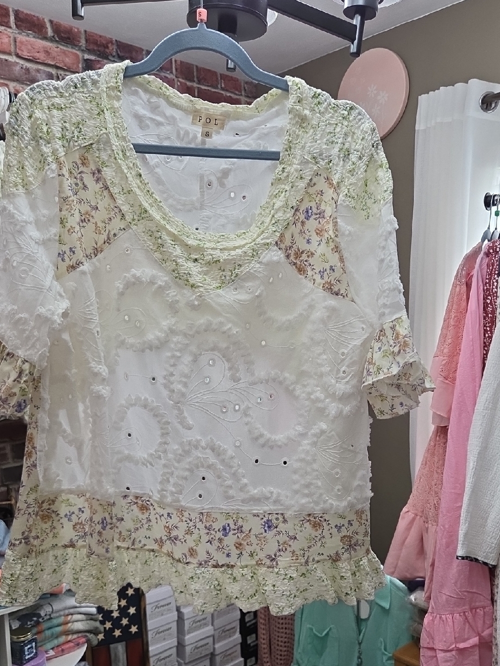 POL White Eyelet Blouse with Green Floral Trim, High Low, High In The Back.